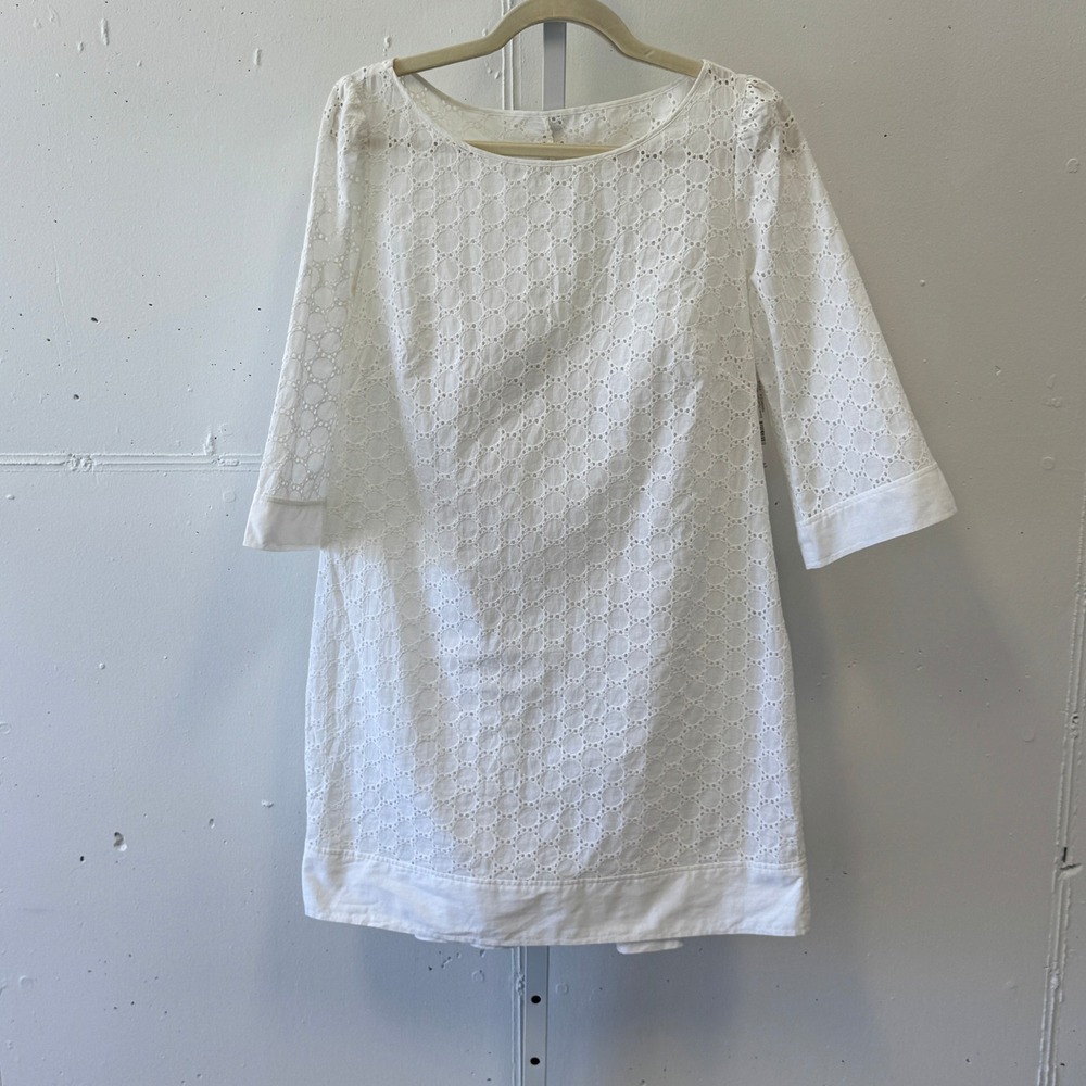 NWT Laundry by Design Optic‎ White Eyelet Shift Dress 3/4 Sleeve Cotton Size 8